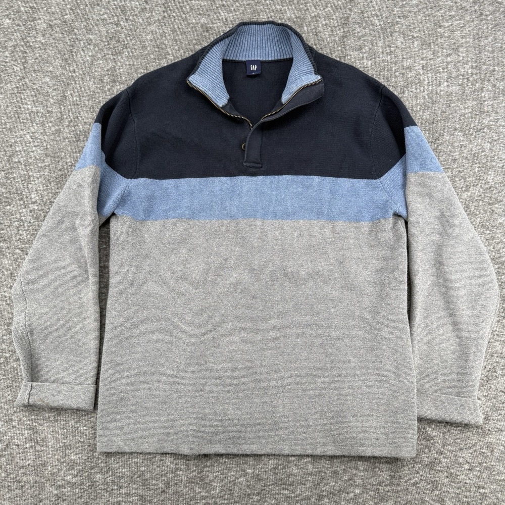 Vintage Gap Men's Sweater L 1/4 Zip Color block Gray Blue Pull Over Heavy Knit